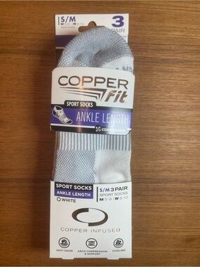 Copper Fit 3 PAIR Sport Ankle Copper Infused Cooling Socks White Unisex S/M